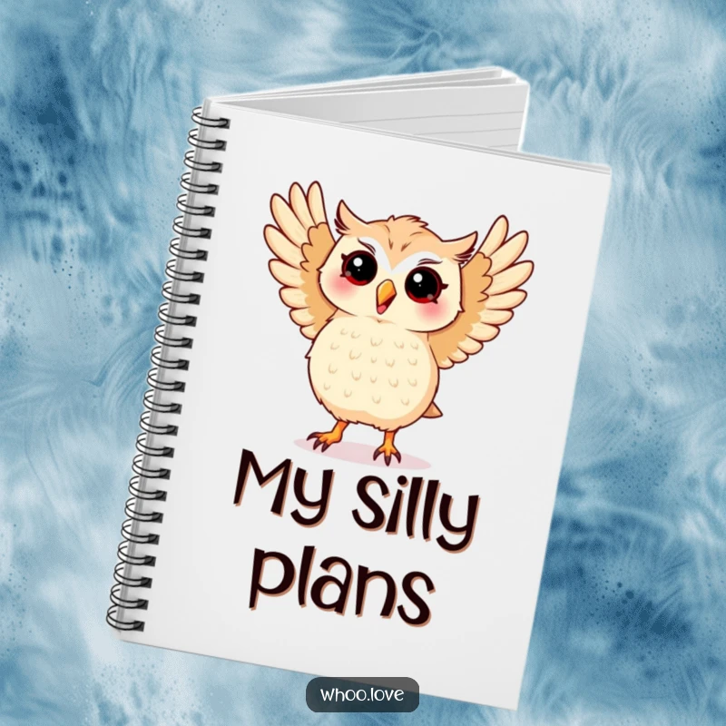 Funny notebook with a kawaii owl performing a silly dance with its wings spread wide, ideal for writing down creative ideas.