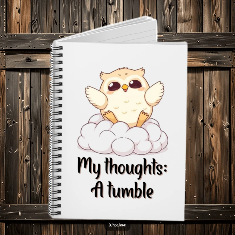 Funny notebook featuring a chubby owl comically tumbling down soft clouds, perfect for capturing notes with a touch of lighthearted humor.
