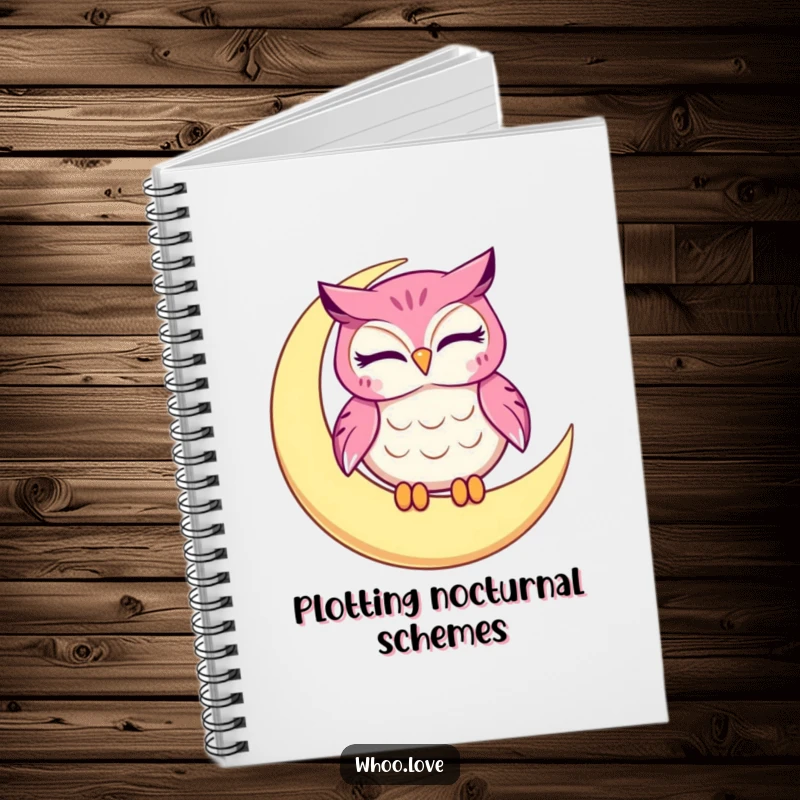 Funny owl notebook, a winking character on a crescent moon, perfect for writing and doodling with humor.
