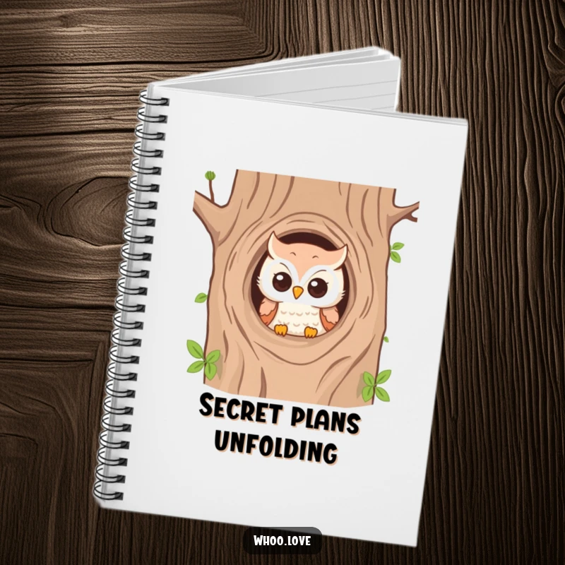 Funny notebook with a playful owl peeking from a tree hole, perfect for journaling and creative notes.