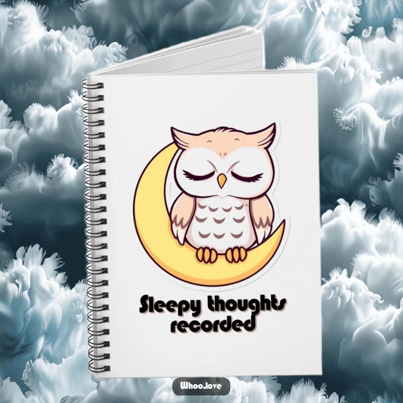 Funny sleepy owl with droopy eyes on a crescent moon, cute nocturnal notebook, practical and charming funny gift for writers.