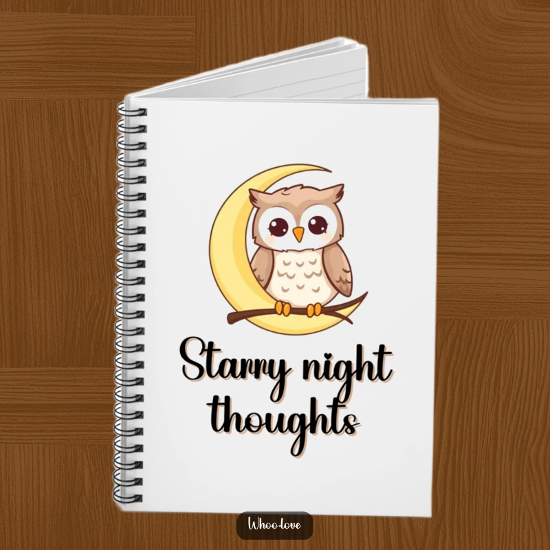 Funny moon owl notebook featuring a happy owl perched on a crescent moon, perfect for journaling celestial thoughts and creative ideas.