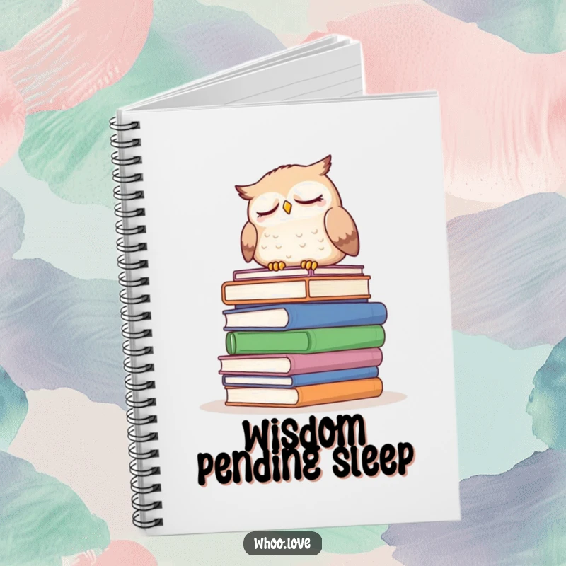 Funny sleepy owl notebook, featuring an owl dozing on books, inspiring creativity and organization with its cozy, literary design.