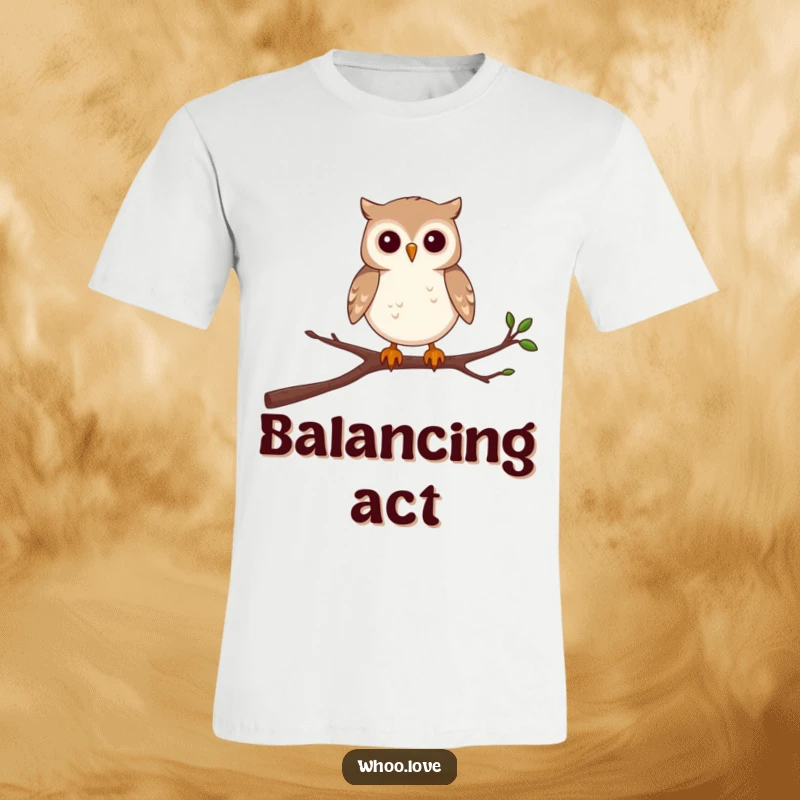 Funny t-shirt print of a small owl character looking determined while balancing on a shaky, thin branch.