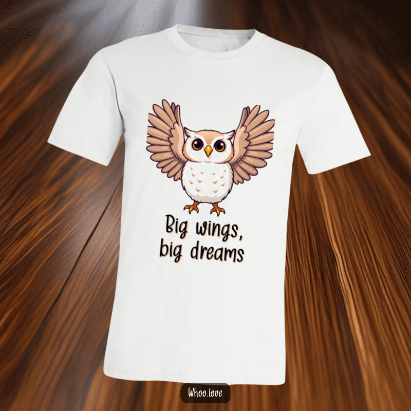 Funny owl t-shirt with a character in a joyful pose, stretching large, expressive wings for a feeling of freedom.