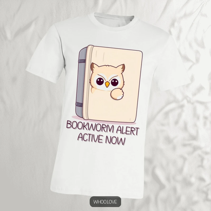 Funny kawaii owl t-shirt featuring a cute owl peeking from behind a giant book, expressing a love for reading and a playful spirit.