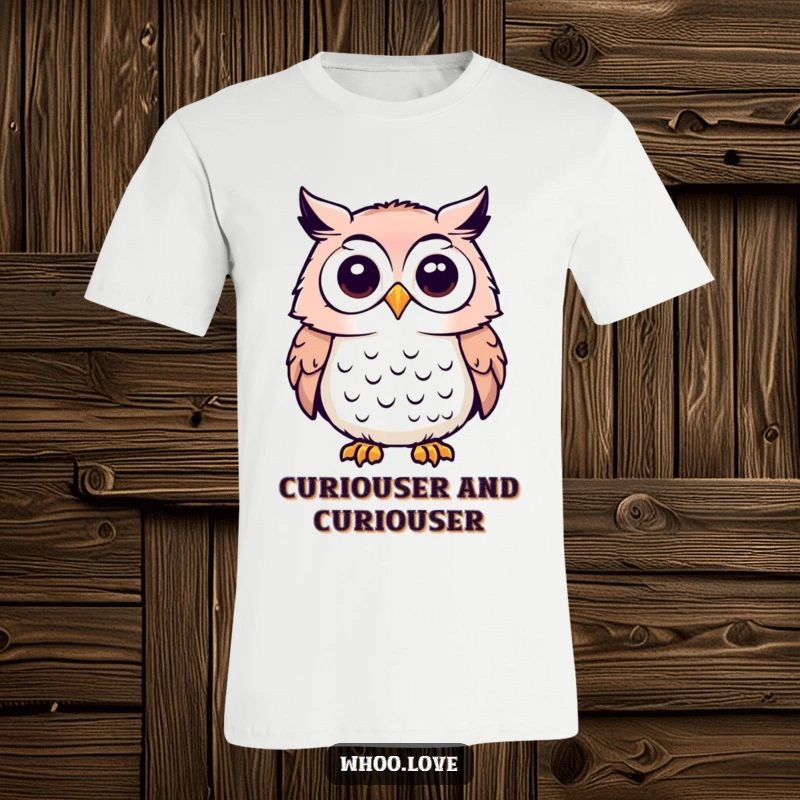 Funny t-shirt displaying an owl character tilting its head, with large eyes conveying a deep sense of curiosity.