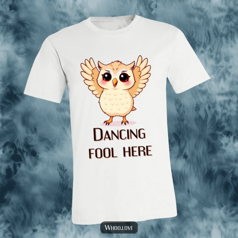Funny t-shirt featuring a kawaii owl doing a silly dance with its wings spread wide, radiating pure fun and energy.