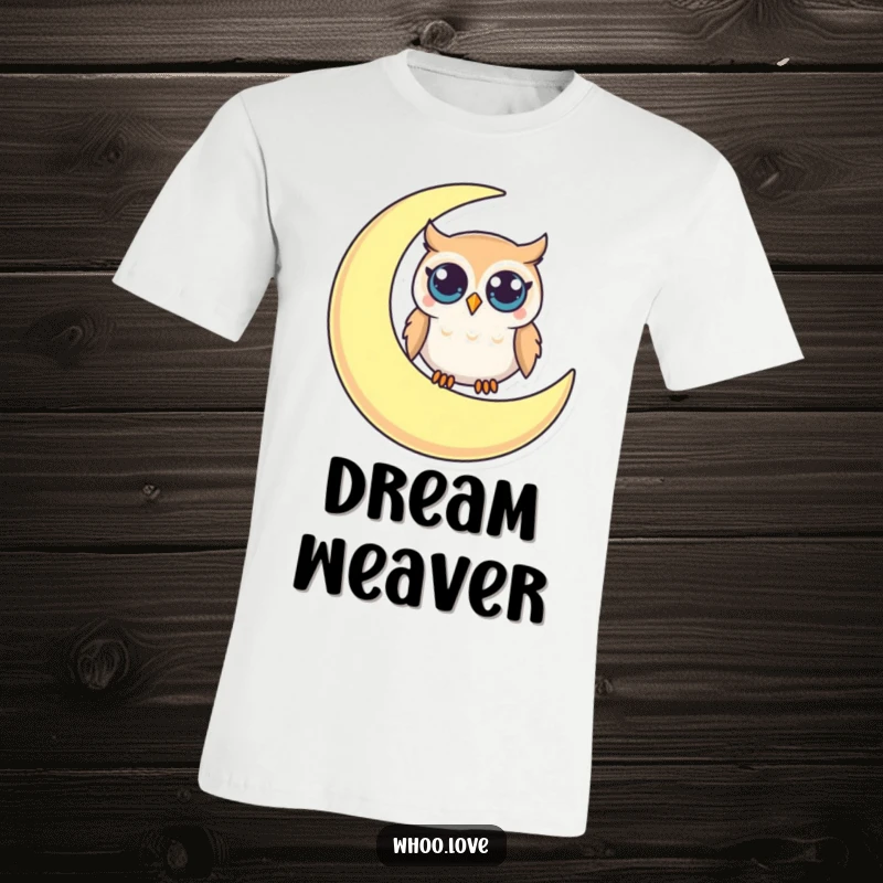 Funny t-shirt with a small owl, large curious eyes, perched on a crescent moon, creating a whimsical and humorous scene.