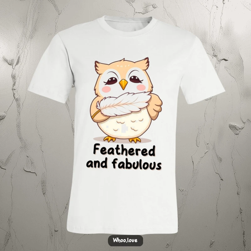Funny giggling owl t-shirt featuring an owl blowing a feather with a delighted expression, a humorous and cheerful graphic tee for all ages.