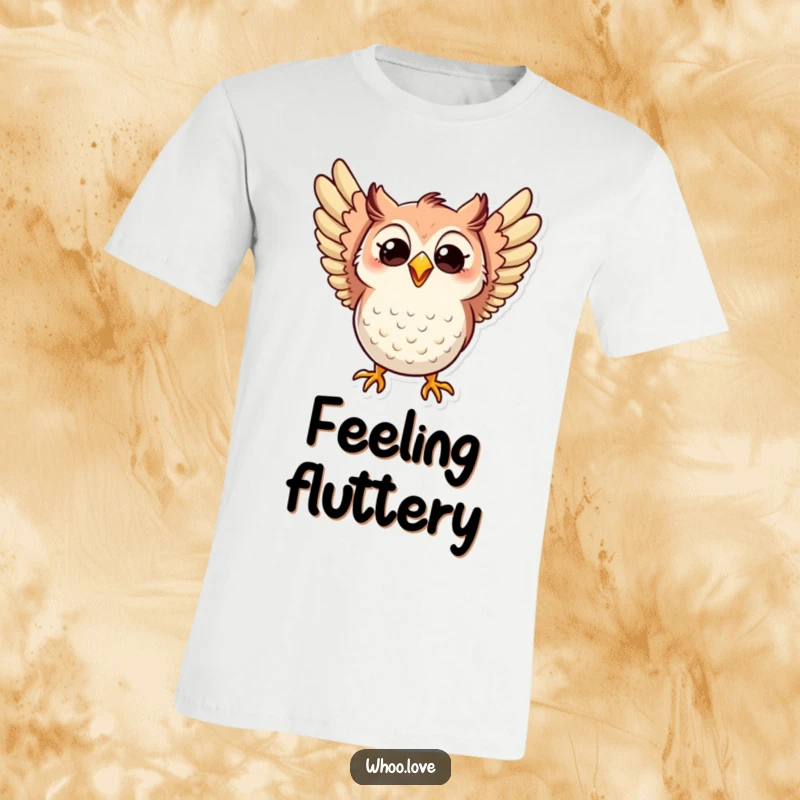 Funny t-shirt depicting an owl flapping its wings with great excitement and a wide, joyful, infectious grin.