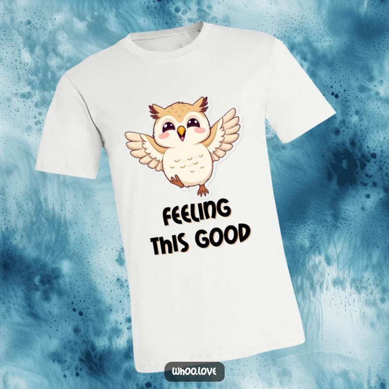 Funny joyful owl t-shirt featuring an owl energetically flapping its wings, conveying a vibrant sense of happiness and celebration.