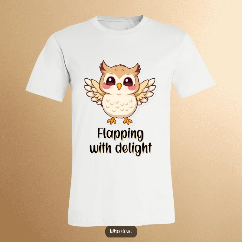 Funny t-shirt depicting a playful owl character flapping its wings with immense joy, spreading happiness and fun, a funny gift.