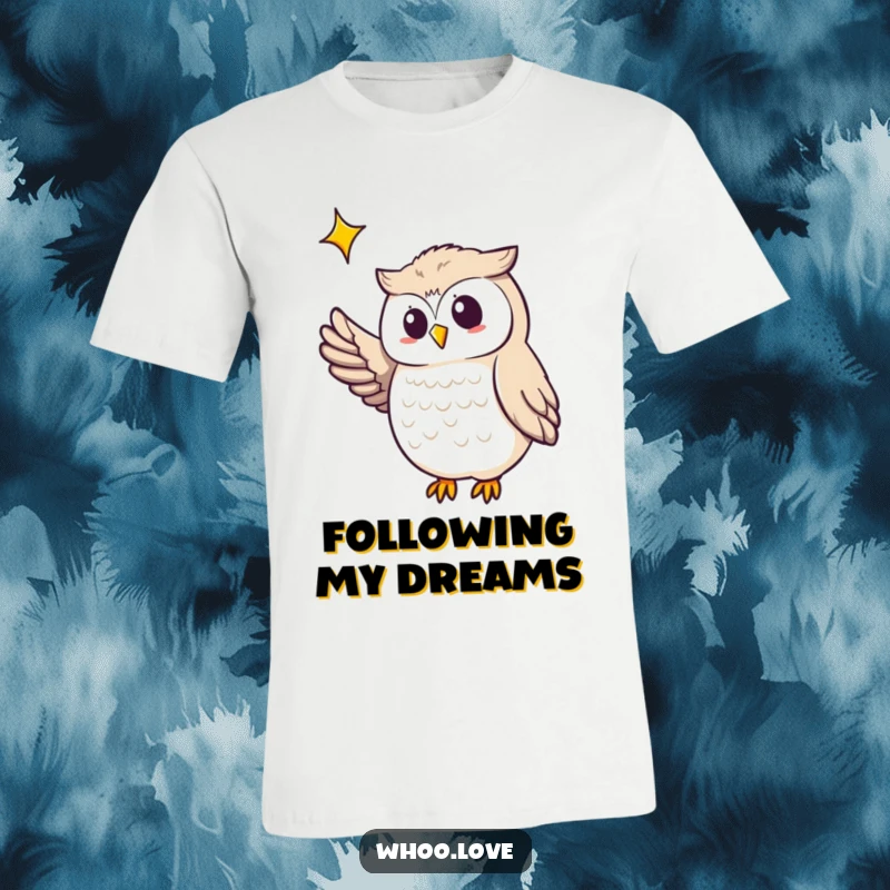 Funny owl t-shirt design featuring an owl with a wing pointing to a distant, sparkling star, symbolizing guidance and aspiration.