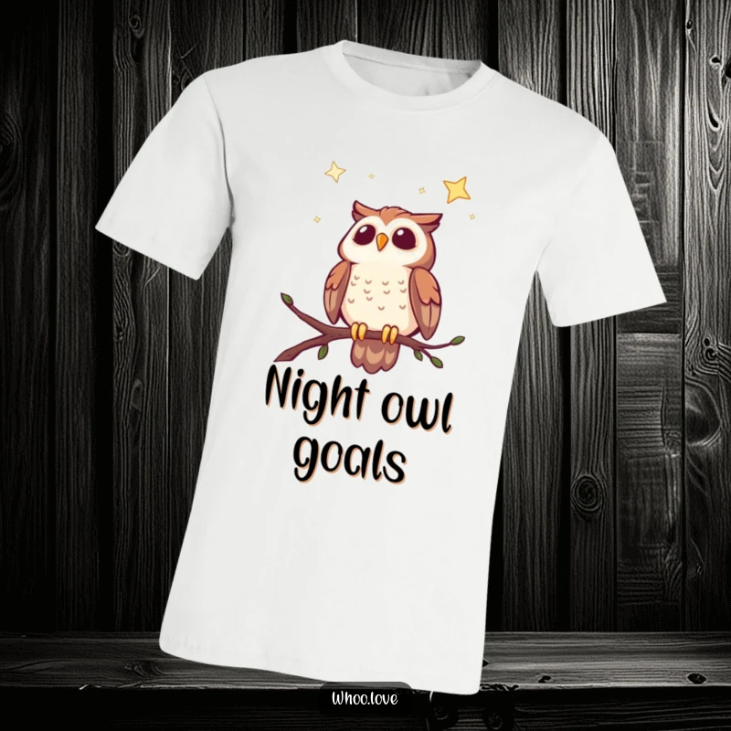 Funny t-shirt with a cheerful owl silhouetted against a breathtaking starry night sky, evoking peace and delight.