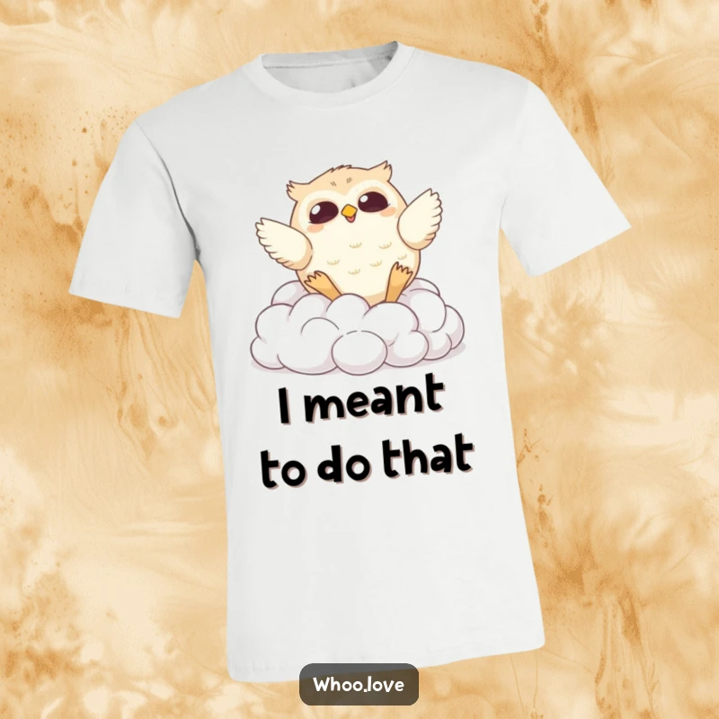 Funny t-shirt featuring a chubby owl comically tumbling down soft, fluffy clouds, capturing a moment of pure, unadulterated silliness.