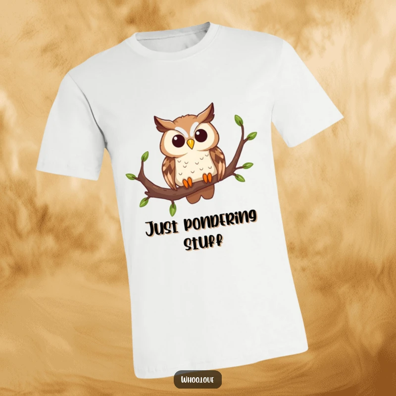 Funny curious owl t-shirt showing an owl with head tilted inquisitively on a branch, a delightful and humorous graphic tee for owl fans.