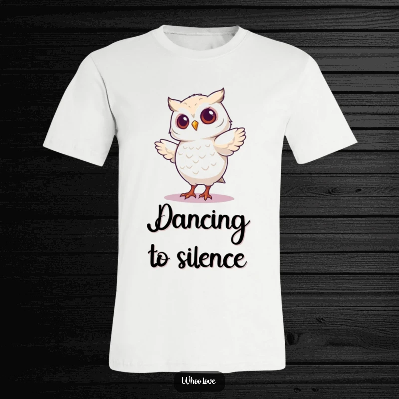 Funny t-shirt featuring an owl character captured mid-silly-dance, feathers flying with joyful abandon.