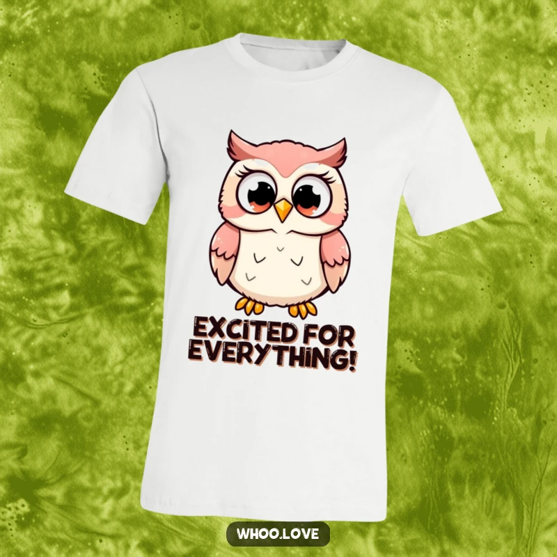 Funny t-shirt depicting a cute owl character hooting excitedly with big, wide eyes, perfect for a joyful funny gift.