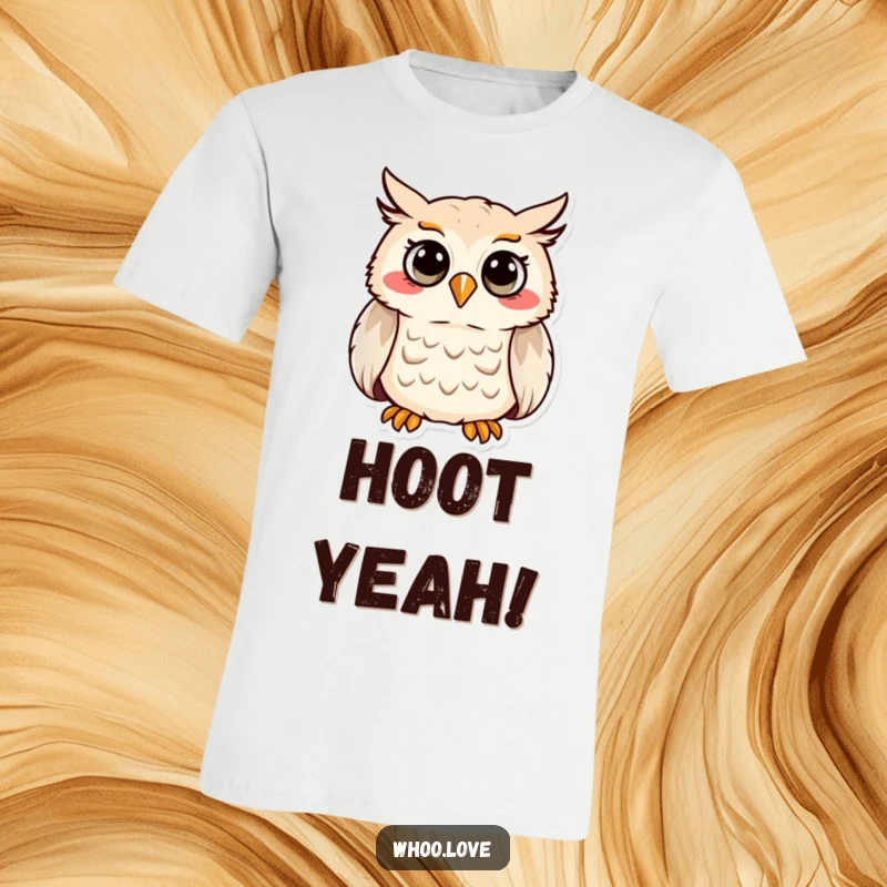 Funny t-shirt with a cheerful owl character captured mid-hoot, its beak open and eyes sparkling with happiness.