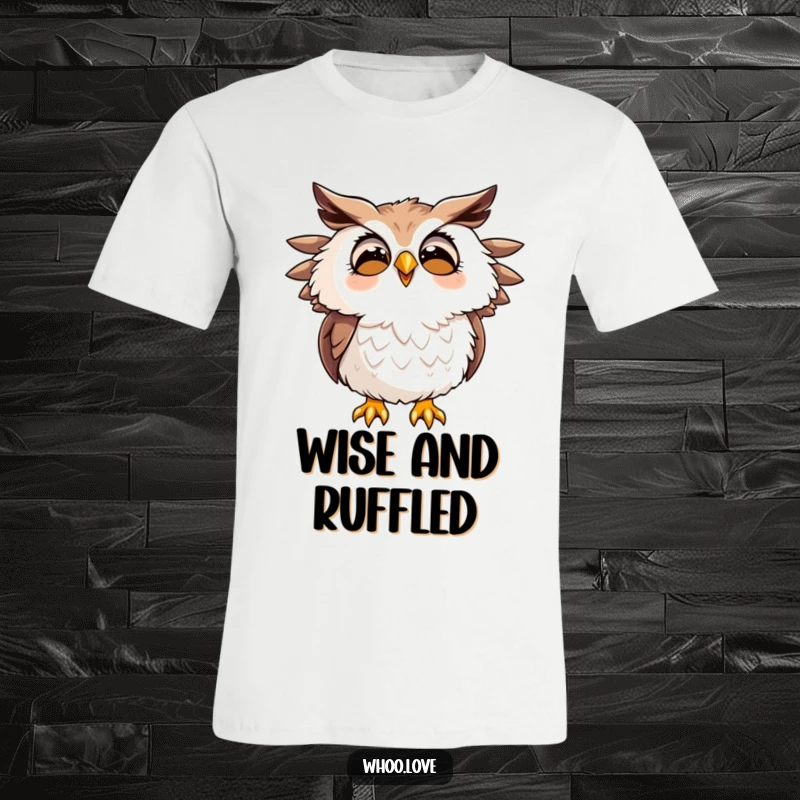Funny t-shirt with a cartoon owl hooting joyfully, feathers ruffled, embodying exuberant happiness and playful bird energy.