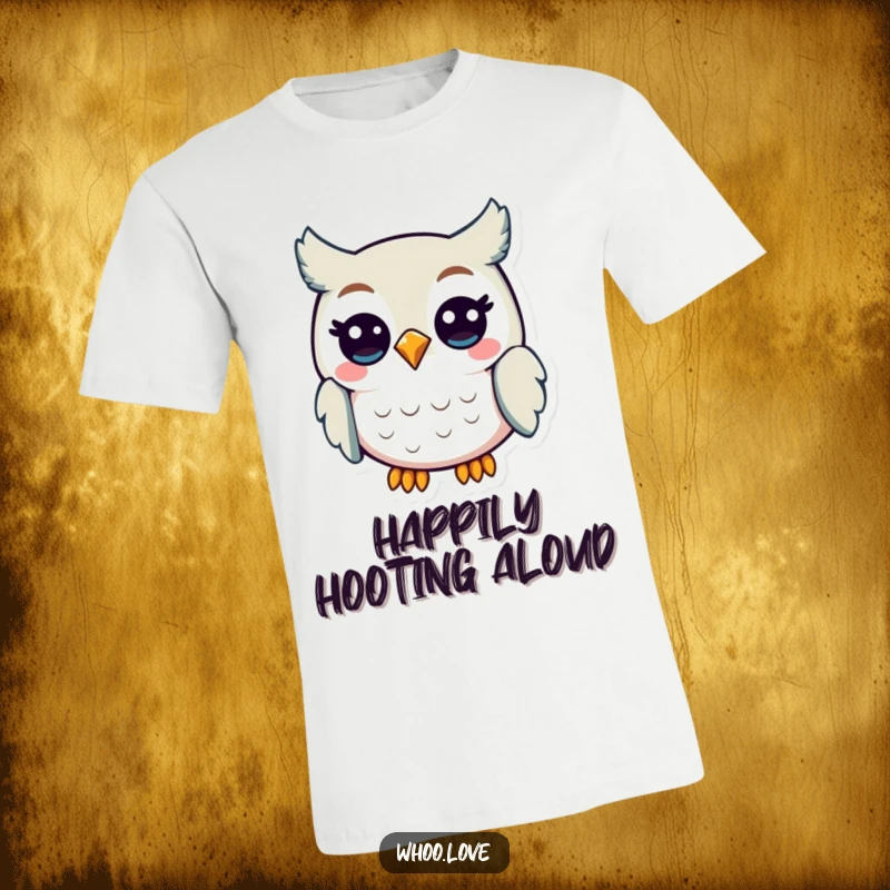 Funny Joyful Owl T-Shirt: A cute owl character hooting with a big smile, conveying pure happiness and a love for life.
