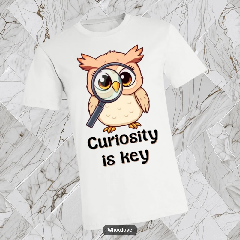 Funny Kawaii owl with big, curious eyes, examining something closely through a magnifying glass, a comical detective character, fantastic funny gift.