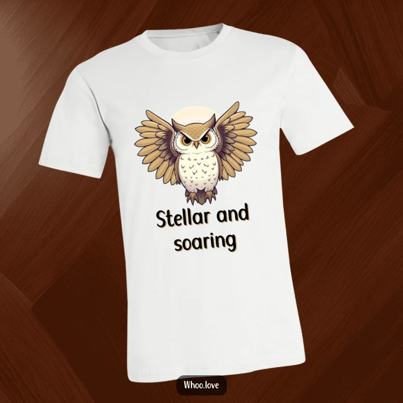 Funny majestic owl with wings spread, silhouetted against a starry night sky, mystical bird t-shirt design for stargazers.
