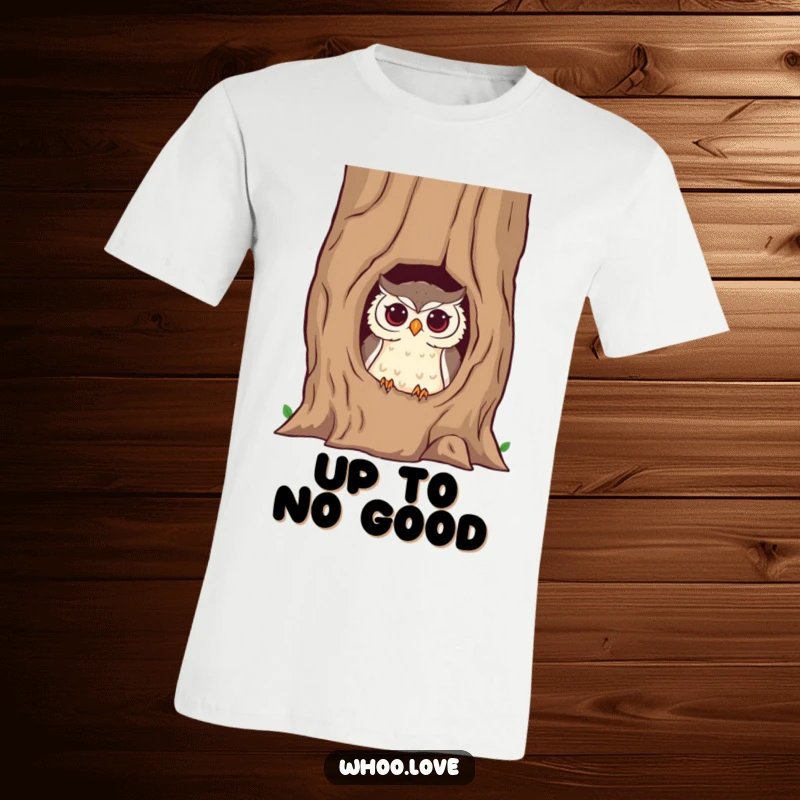 Funny owl t-shirt with a mischievous owl character peeking from a hollow tree trunk, embodying playful secrets and cheeky charm.
