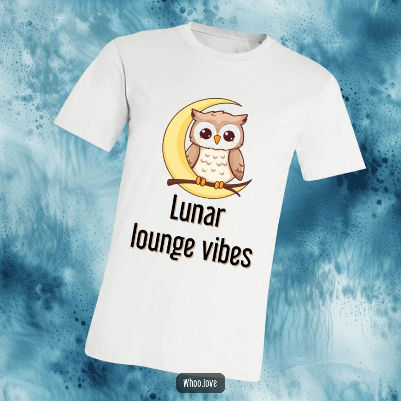 Funny moon owl t-shirt featuring a happy owl contentedly perched on a crescent moon, embodying celestial tranquility and a touch of humor.
