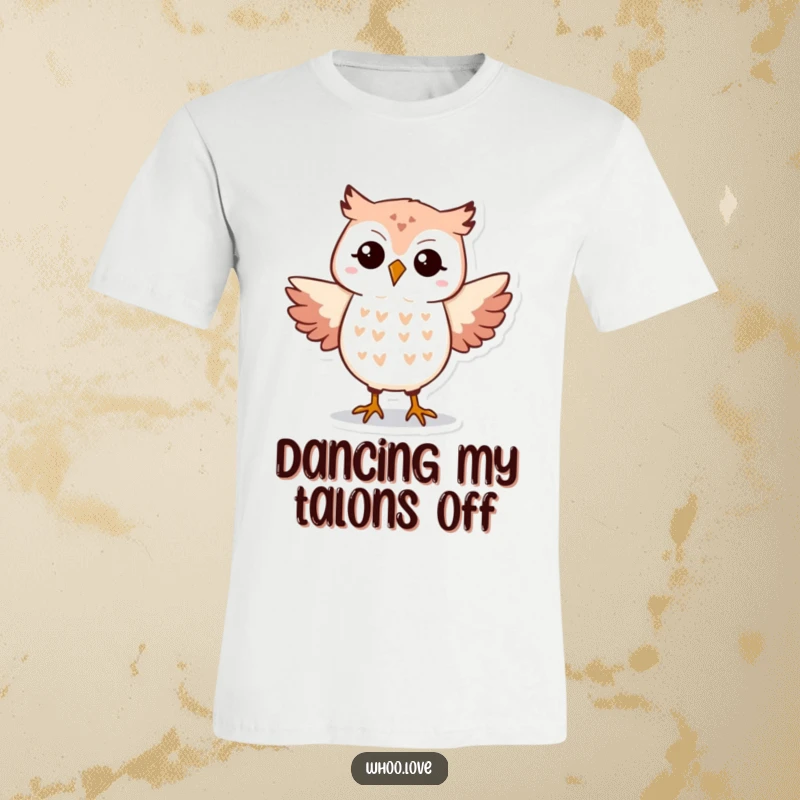 Funny Owl T-Shirt depicting an owl in a silly, joyful dance step, ideal for expressing fun.