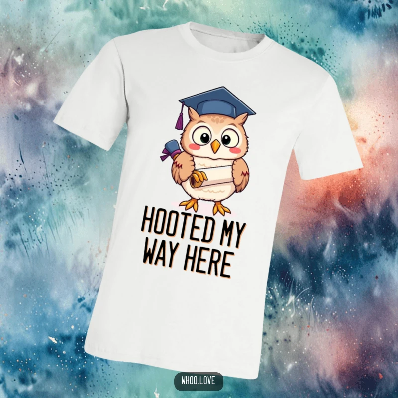 Funny joyful owl character wearing a graduation cap and holding a scroll, printed on a t-shirt.