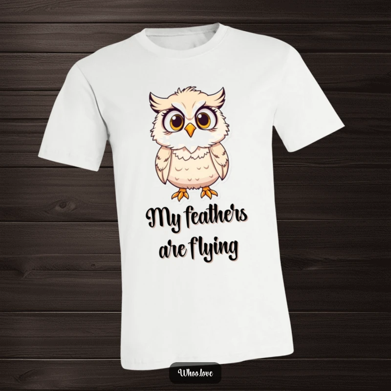 Funny t-shirt, a surprised owl character with its feathers distinctly ruffled by an unseen wind.