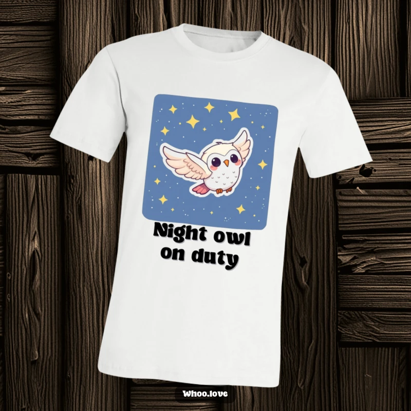 Funny Owl T-Shirt: A joyful owl character swooping through a starry night, perfect for expressing a whimsical and adventurous attitude.