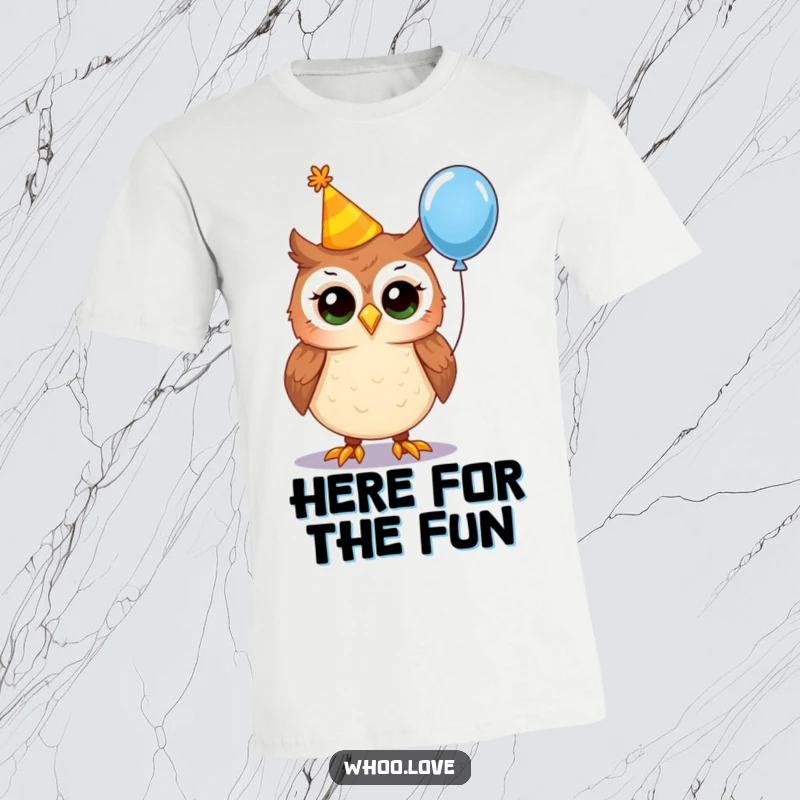 Funny party owl t-shirt featuring an owl in a crooked party hat holding a balloon, a humorous and festive graphic tee for celebrations.