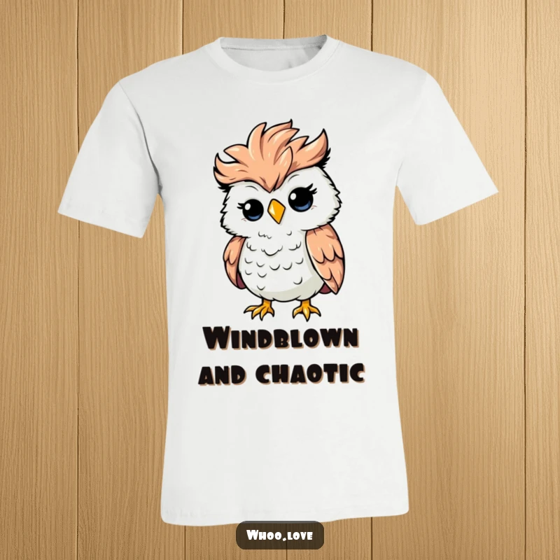 Funny silly owl with messy ruffled feathers, caught in a strong wind gust, chaotic bird t-shirt design for humor lovers.