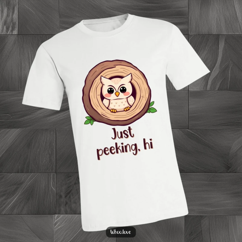 Funny Kawaii owl t-shirt, peeking out from a log with a shy, heartwarming smile. Perfect funny gift.