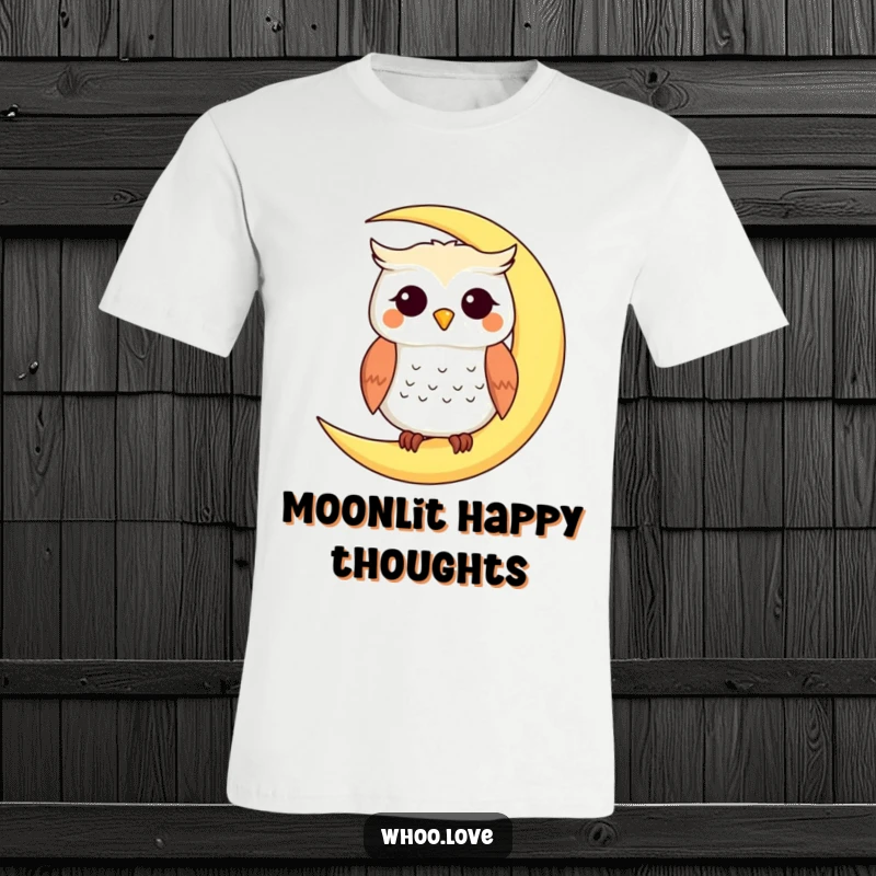 Funny t-shirt featuring a smiling owl character resting on a crescent moon, embodying nighttime serenity, a fantastic funny gift.