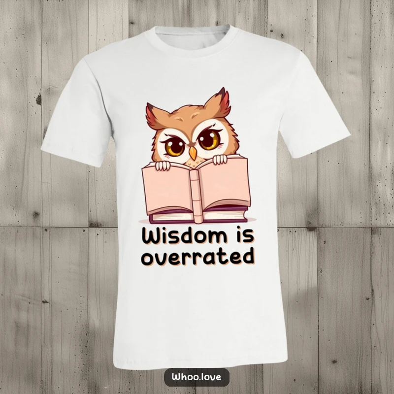 Funny t-shirt, a mischievous owl character peeking out from behind a large, closed book.
