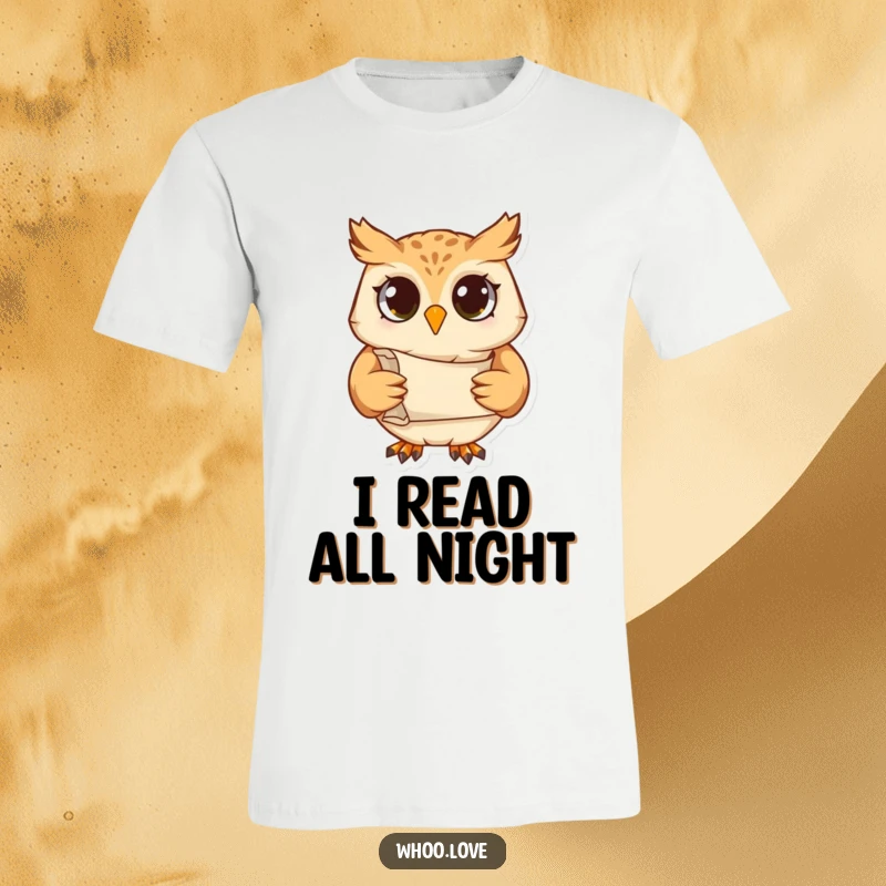 Funny t-shirt featuring a studious owl character clutching a scroll, portraying intelligence and a love for learning with humor.