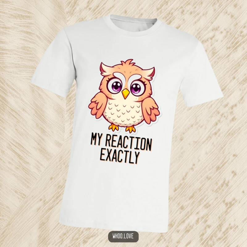 Funny surprised owl t-shirt with wide, bulging eyes and puffed-out feathers, embodying a humorous look of shock and disbelief.