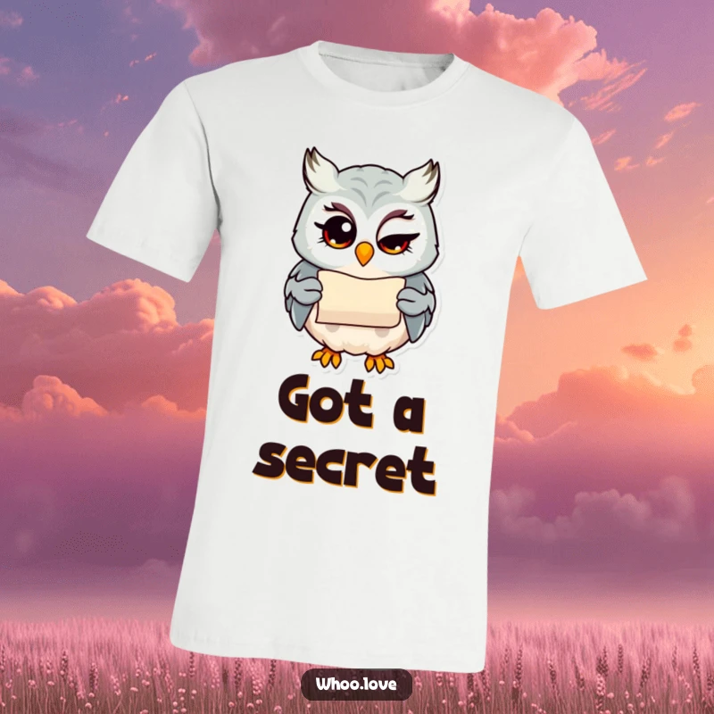 Funny owl with a wink holding a small scroll, mischievous wise bird t-shirt design for clever thinkers and joke tellers.