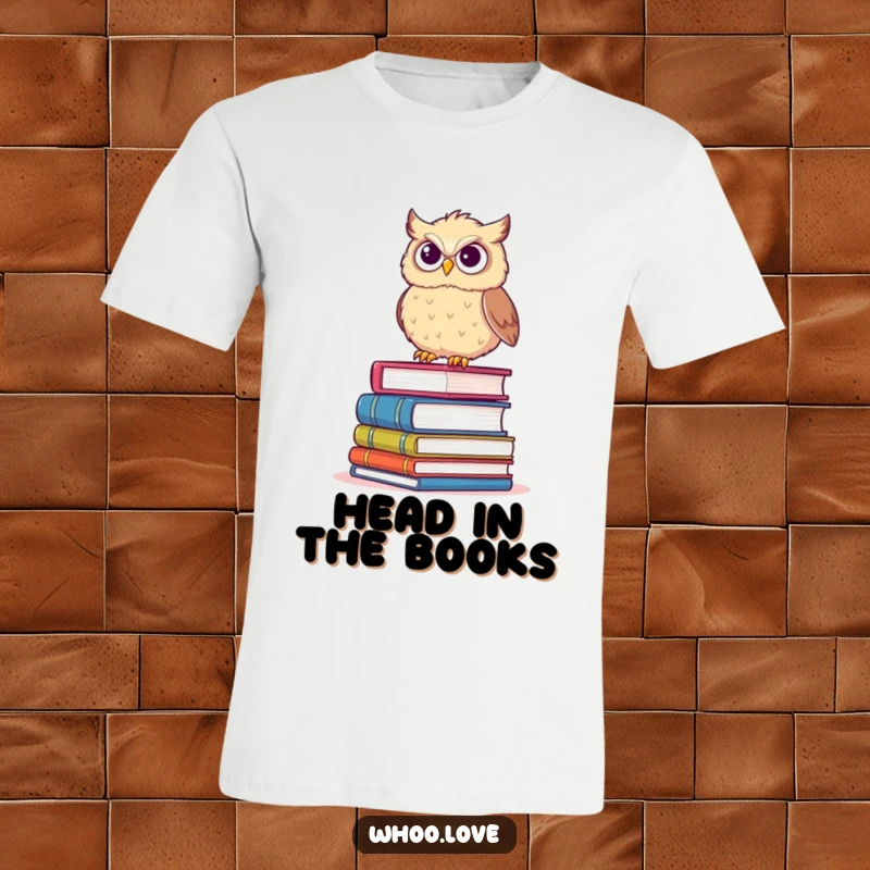 Funny t-shirt featuring a fluffy owl precariously balancing on books with a determined grin, exuding smart humor.