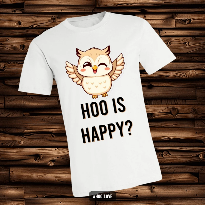 Funny t-shirt featuring a cute kawaii owl giggling and joyfully flapping its wings, radiating happiness and good cheer.
