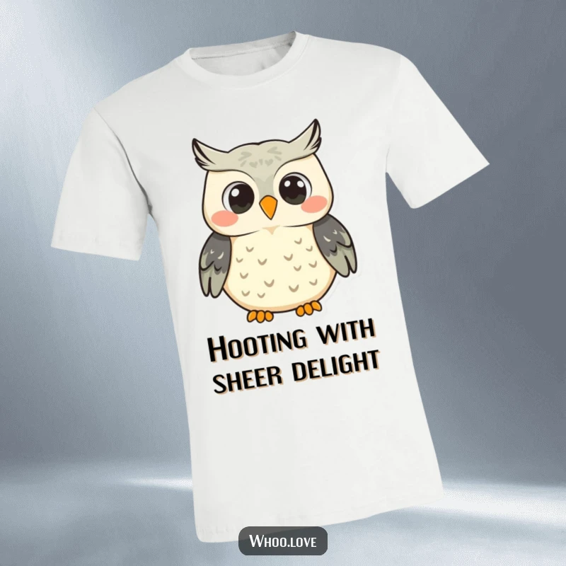 Funny smiling owl character t-shirt, depicted hooting with a wide, beaming smile, symbolizing cheerful happiness and a love for life.