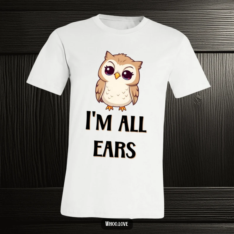 Funny curious owl t-shirt, owl tilting its head to listen intently, representing curiosity and attentiveness.