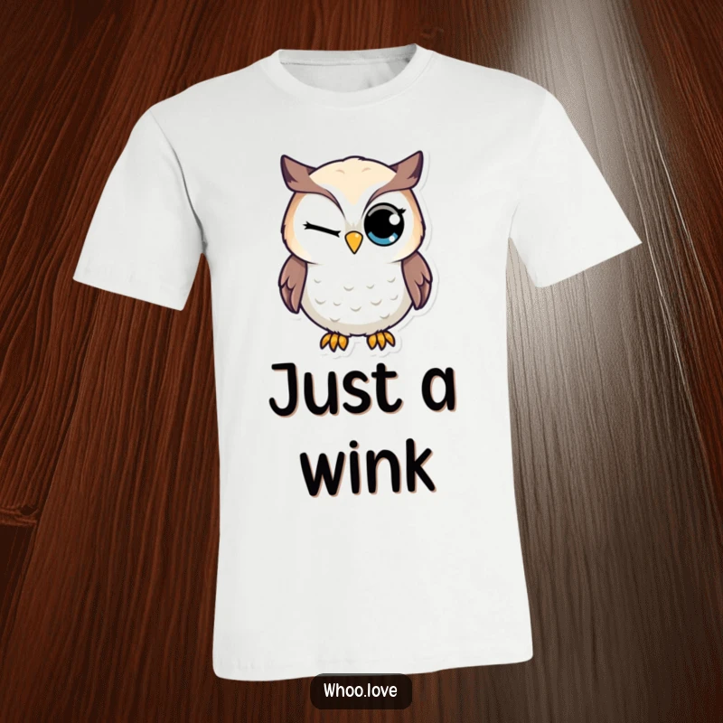 Funny t-shirt showcasing an owl character with one large eye closed in a playful wink, looking mischievous.
