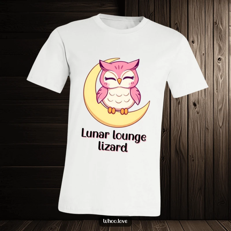 Funny owl t-shirt with a winking character on a crescent moon, showcasing a playful and whimsical nighttime vibe.