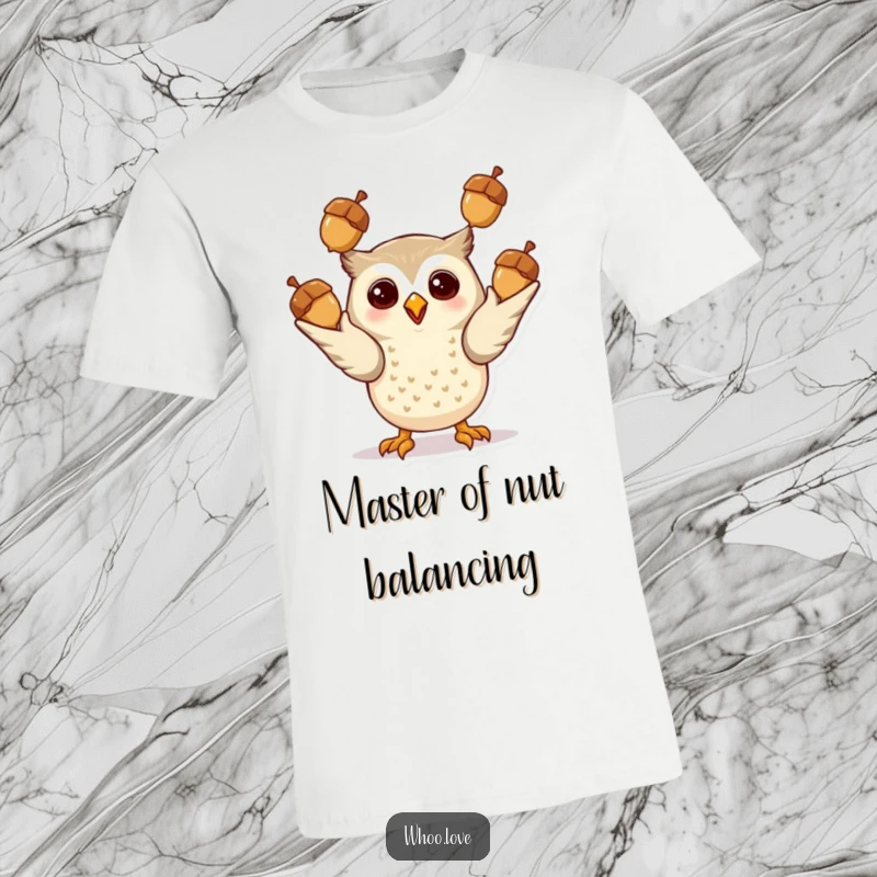 Funny Giddy Owl T-Shirt: A quirky t-shirt design of an owl gleefully juggling acorns, highlighting its playful and energetic nature.