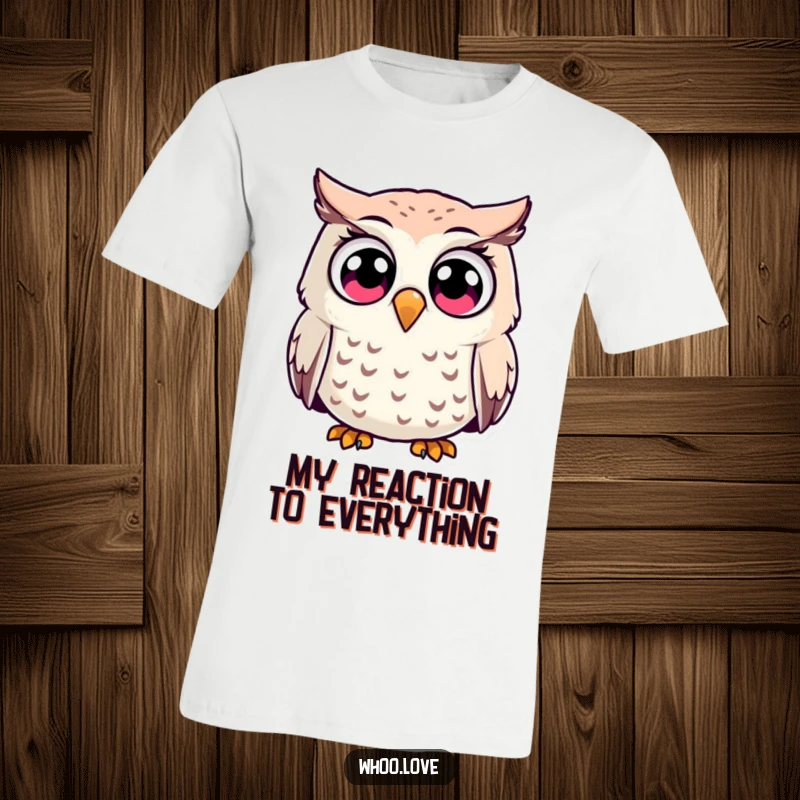 Funny surprised owl character t-shirt, featuring exaggeratedly wide, shocked eyes that express pure, comical astonishment.